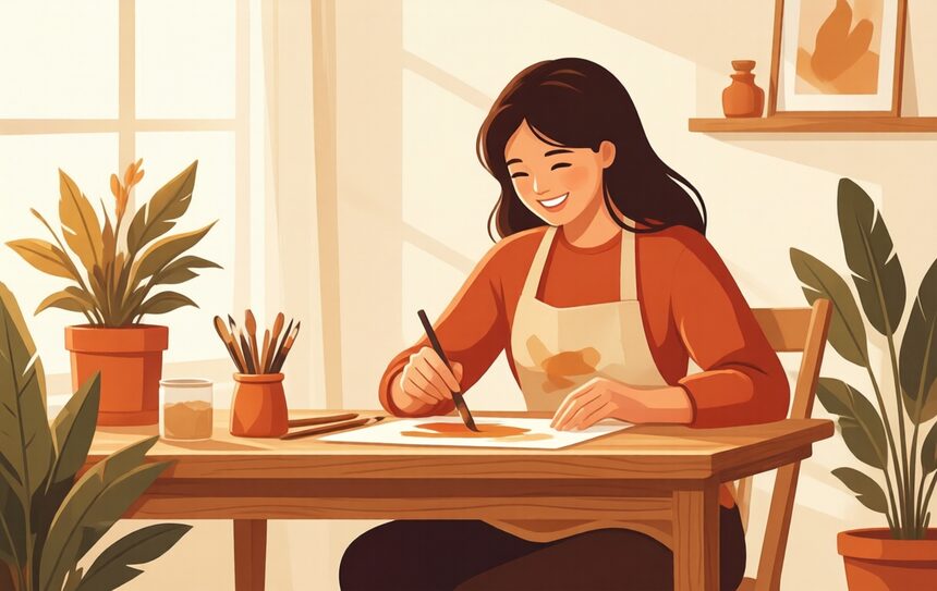 Someone happily absorbed in a creative hobby